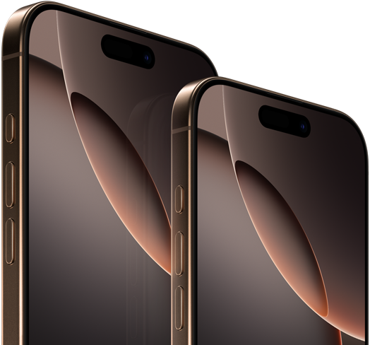 6,9palcový iPhone 16 Pro Max a 6,3palcový iPhone 16 Pro, pohled zepředu, akční tlačítko, tlačítka hlasitosti, Dynamic Island nahoře uprostřed