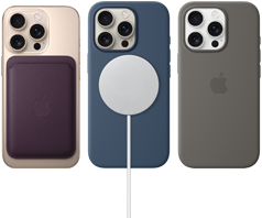 Tři iPhony 16 Pro, pohled zezadu, s připnutými MagSafe doplňky: MagSafe peněženkou z tkaniny FineWoven k iPhonu, MagSafe nabíječkou a silikonovým krytem s MagSafe na iPhone