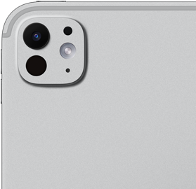 iPad Pro, pohled zezadu, stříbrná barva, profesionální fotosoustava s pětičlenným objektivem a adaptivním True Tone bleskem