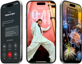 Tři modely iPhonu 17 Pro zobrazené vedle sebe, pohled zepředu, ukázka iOS 26, prostředí Liquid Glass a funkcí Apple Intelligence