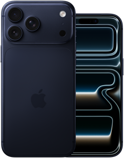 Dva iPhony vedle sebe, iPhone 17 Pro Max, pohled zezadu, profesionální fotosoustava, 3 objektivy, mikrofon, blesk, [B28] barva, iPhone 17 Pro, pohled zepředu, displej přes celou plochu, [B28] barva