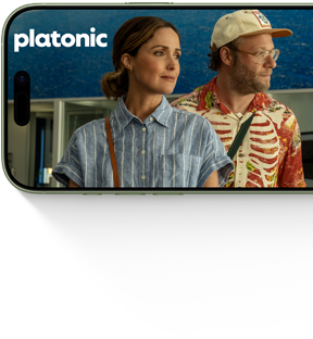 iPhone 17, pohled zepředu, na displeji je vidět seriál Apple TV+ Čistě platonicky
