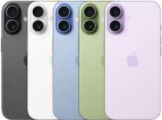 iPhone 17, pohled zezadu, dvojitá Fusion fotosoustava, všech pět barev naskládaných přes sebe: černý, bílý, šalvějově zelený, mlhově modrý a levandulový