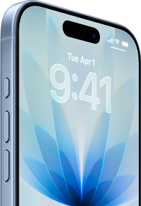 iPhone 17, pohled zepředu, mlhově modrá barva, Dynamic Island nahoře uprostřed, akční tlačítko a tlačítka hlasitosti