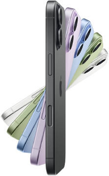 iPhone 17, pohled z boku, pět barev: černý, levandulový, mlhově modrý, šalvějově zelený a bílý