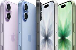iPhone 17, pohled zepředu, zezadu a z boku, pět barev: levandulový, mlhově modrý, černý, bílý a šalvějově zelený