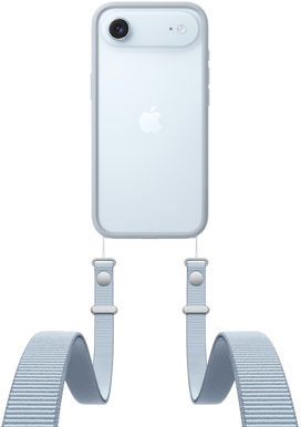 iPhone Air, pohled zezadu, blankytně modrá barva, Fusion fotosoustava nahoře, uprostřed logo Apple, světle šedý ochranný rámeček s připnutým crossbody popruhem