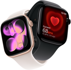 Apple Watch Series 11, růžově zlatý hliník, ciferník Proud, na pravém boku: korunka Digital Crown, mikrofon, boční tlačítko, světle ruměný sportovní řemínek, Apple Watch Series 11, klavírně černý hliník, aplikace Srdeční tep, aktuální počet úderů za minutu, na pravém boku: korunka Digital Crown, černý sportovní řemínek
