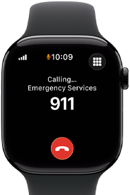 Apple Watch Series 11, klavírně černé hliníkové pouzdro, na obrazovce je vidět probíhající tísňové volání, na pravém boku: korunka Digital Crown, černý sportovní řemínek