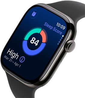 Pohled zblízka na Apple Watch Series 11 s pouzdrem z břidlicově šedého titanu, na obrazovce je vidět spánkové skóre