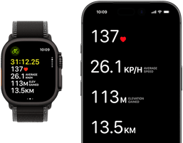 Údaje právě probíhajícího cvičení na Apple Watch Ultra 3 a na iPhonu