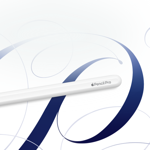 Biela ceruzka Apple Pencil Pro na bielom pozadí s modrými vírmi