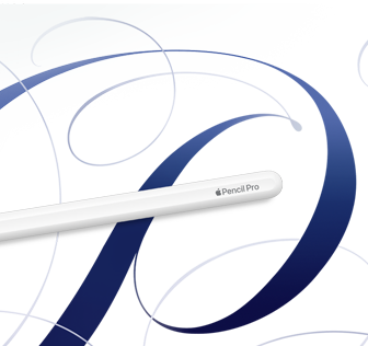Biela ceruzka Apple Pencil Pro na bielom pozadí s modrými vírmi