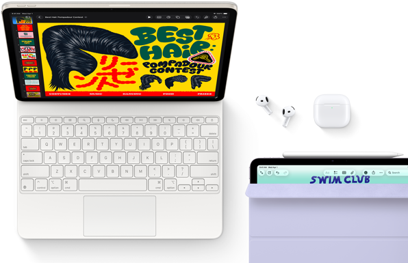 iPad Air v hviezdnej bielej, na obrazovke je farebná grafika. iPad je pripojený ku klávesnici Magic Keyboard, slúchadlám AirPods Pro a ceruzke Apple Pencil Pro