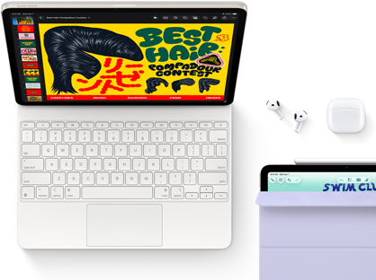 iPad Air v hviezdnej bielej, na obrazovke je farebná grafika. iPad je pripojený ku klávesnici Magic Keyboard, slúchadlám AirPods Pro a ceruzke Apple Pencil Pro