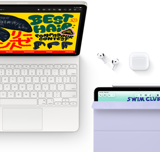 iPad Air v hviezdnej bielej, na obrazovke je farebná grafika. iPad je pripojený ku klávesnici Magic Keyboard, slúchadlám AirPods Pro a ceruzke Apple Pencil Pro