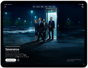 iPad Air spredu, na obrazovke je seriál Severance v apke Apple TV