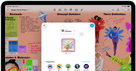 iPad Air, pohled zepředu, orientace na šířku, tlačítka zvýšení a snížení hlasitosti a tlačítko napájení, na displeji se zobrazuje barevné rozhraní aplikace s různými ikonami