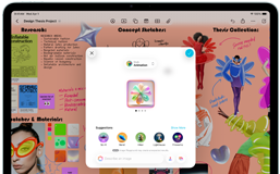 iPad Air, pohled zepředu, orientace na šířku, tlačítka zvýšení a snížení hlasitosti a tlačítko napájení, na displeji se zobrazuje barevné rozhraní aplikace s různými ikonami