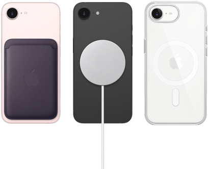 Svetloružový iPhone 17e s peňaženkou z tkaniny FineWoven v polnočnej fialovej farbe, čierny iPhone 17e s s nabíjačkou MagSafe, biely iPhone 17e s priehľadným krytom s MagSafe