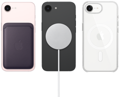 Svetloružový iPhone 17e s peňaženkou z tkaniny FineWoven v polnočnej fialovej farbe, čierny iPhone 17e s čiernym silikónovým krytom a nabíjačkou MagSafe, biely iPhone 17e s priehľadným krytom s MagSafe
