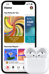 iPhone 17e, pohľad spredu, domovská stránka apky Apple Music, vedľa sú slúchadlá AirPods Pro 3 v otvorenom nabíjacom puzdre MagSafe