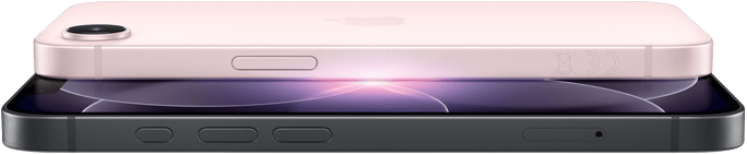 iPhone 17e, horizontálny pohľad zboku a zozadu, svetloružová farba, iPhone 17e, horizontálny pohľad zboku a spredu, čierna farba
