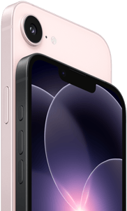 iPhone 17e, horizontálny pohľad zboku a zozadu, svetloružová farba, iPhone 17e, horizontálny pohľad zboku a spredu, čierna farba