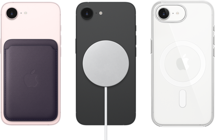 iPhone 17e, pohľad zozadu, svetloružová farba, pripnutá peňaženka z tkaniny FineWoven s MagSafe, iPhone 17e, pohľad zozadu, čierna farba, pripnutá nabíjačka MagSafe, iPhone 17e, pohľad zozadu, biela farba, nasadený priehľadný kryt s MagSafe