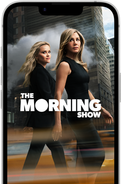 Pohled na displej iPhonu 17e, na kterém běží seriál The Morning Show v Apple TV