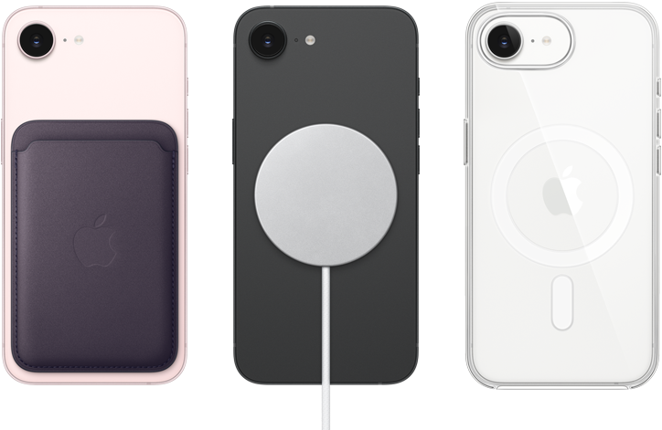 iPhone 17e, pohled zezadu, jemně růžová barva, přicvaknutá peněženka z tkaniny FineWoven s MagSafe, iPhone 17e, pohled zezadu, černá barva, přicvaknutá MagSafe nabíječka, iPhone 17e, pohled zezadu, bílá barva, nasazený průhledný kryt s MagSafe