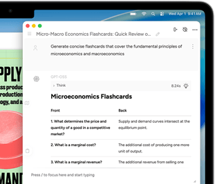Obrazovka MacBooku Air s ukázkou použití Psacích nástrojů Apple Intelligence k vytvoření flash karet o mikro‑ a makroekonomii