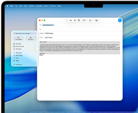 Obrazovka MacBooku Air s ukázkou použití Psacích nástrojů Apple Intelligence při psaní e‑mailu
