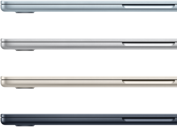 Pohled z boku na čtyři MacBooky Air ve čtyřech různých barvách