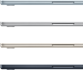 Pohled z boku na čtyři MacBooky Air ve čtyřech různých barvách
