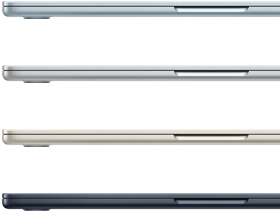 Pohled z boku na čtyři MacBooky Air ve čtyřech různých barvách