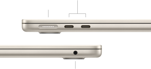 Pohled na zavřený MacBook Air, vlevo konektor MagSafe a dva porty Thunderbolt, vpravo sluchátkový konektor