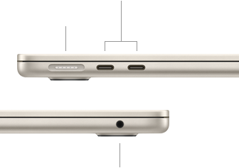 Pohled na zavřený MacBook Air, vlevo konektor MagSafe a dva porty Thunderbolt, vpravo sluchátkový konektor