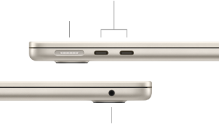 Pohled na zavřený MacBook Air, vlevo konektor MagSafe a dva porty Thunderbolt, vpravo sluchátkový konektor
