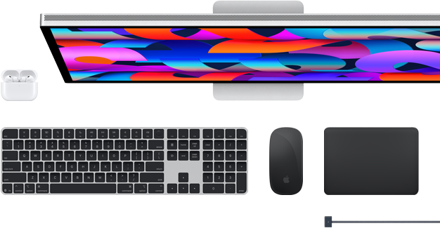 Doplňky k Macu: AirPody, Studio Display, Magic Keyboard, Magic Mouse, Magic Trackpad, MagSafe nabíjecí kabel
