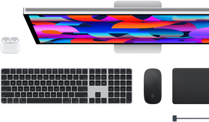 Doplňky k Macu: AirPody, Studio Display, Magic Keyboard, Magic Mouse, Magic Trackpad, MagSafe nabíjecí kabel
