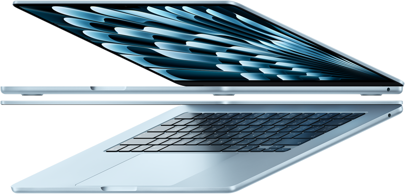 Dva otevřené MacBooky Air v blankytně modré barvě uspořádané do tvaru šipky, ve kterém vyniká jejich tenký profil