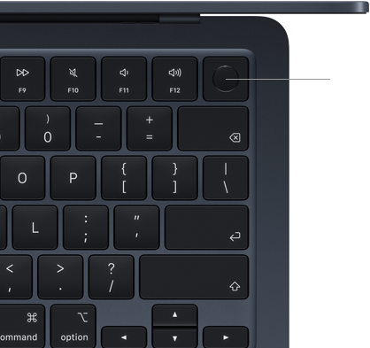 Klávesnice MacBooku Air, je zvýrazněné umístění tlačítka Touch ID