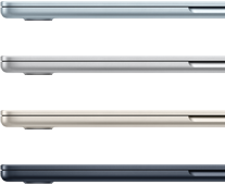 Pohled z boku na čtyři MacBooky Air ve čtyřech různých barvách