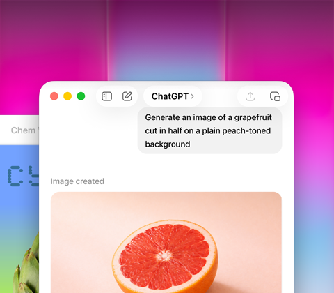 Obrazovka MacBooku Neo, uživatel si nechává v ChatuGPT vygenerovat obrázek grepu, na druhém displeji je v Keynotu obrázek artyčoku s barevným přechodem v pozadí
