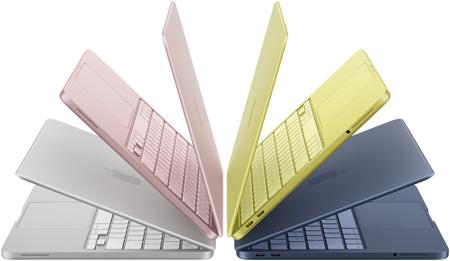 Pootevřené notebooky MacBook Neo ve stříbrné, ruměné, citrusově žluté a indigu, svým uspořádáním vytvářejí oblouk