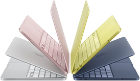 Pootevřené notebooky MacBook Neo ve stříbrné, ruměné, citrusově žluté a indigu, svým uspořádáním vytvářejí oblouk