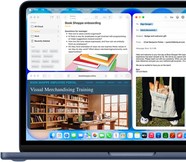MacBook Neo v barvě indigo, rozepsaný uvítací e‑mail pro nového zaměstnance knihkupectví, ostatní okna uspořádaná do dlaždic zobrazují dokument o náboru v Poznámkách a zaměstnanecký webový portál knihkupectví v Safari