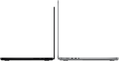 14palcový a 16palcový MacBook Pro zadními stranami u sebe na ilustraci rozdílu ve velikostech a zdůraznění úzkého profilu