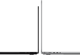 14palcový a 16palcový MacBook Pro zadními stranami u sebe na ilustraci rozdílu ve velikostech a zdůraznění úzkého profilu